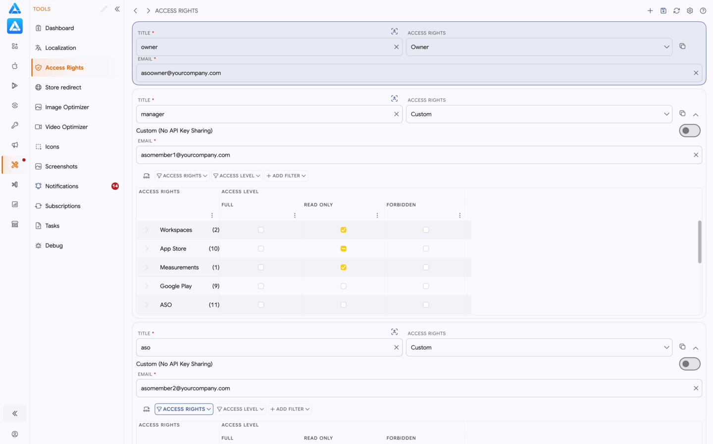 ASO.dev workspace sharing and flexible access rights
