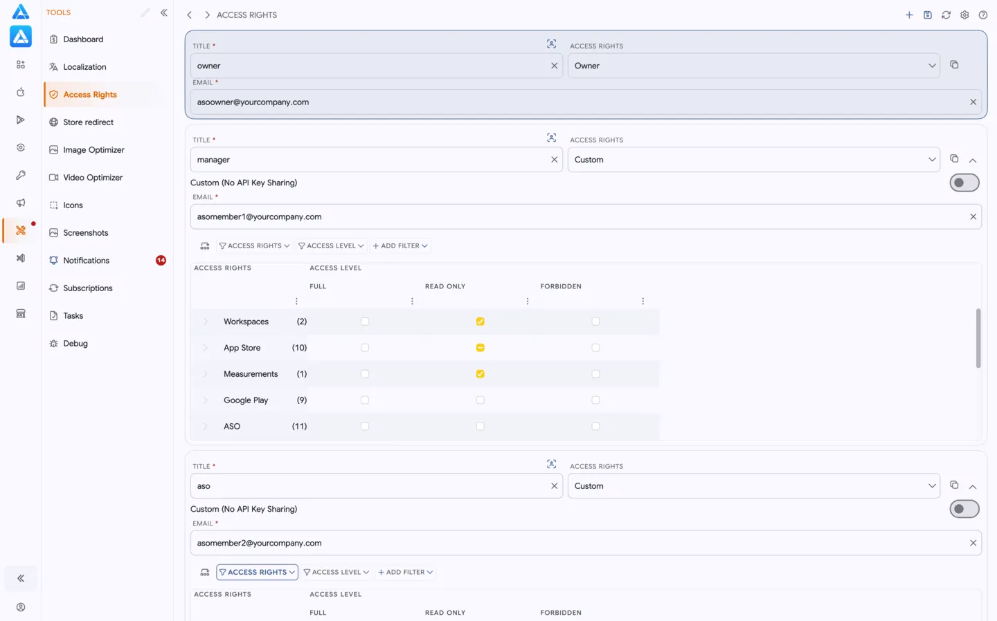ASO.dev workspace sharing and flexible access rights
