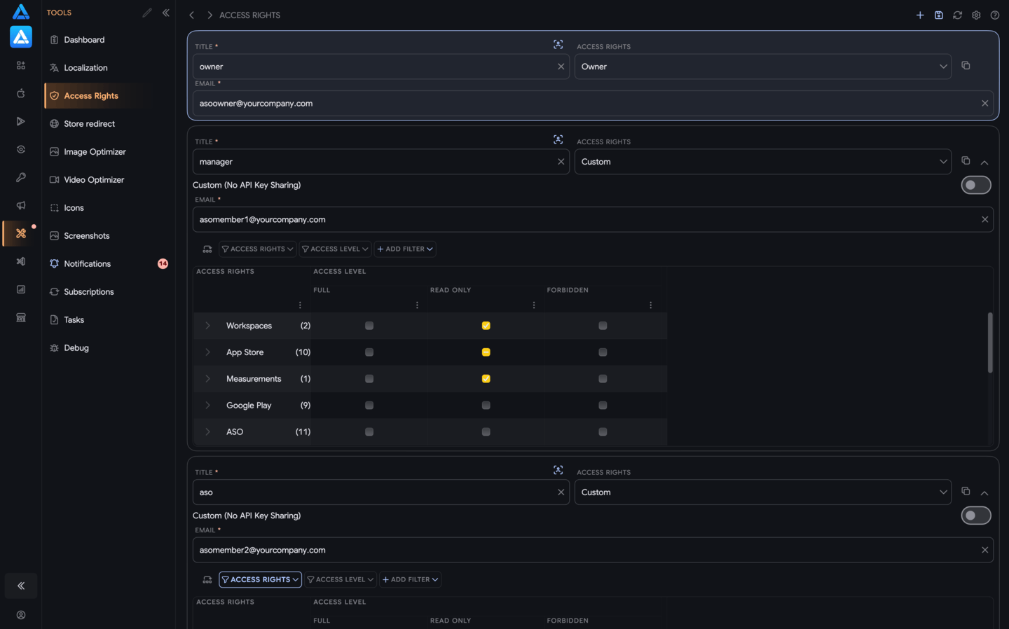 ASO.dev workspace sharing and flexible access rights
