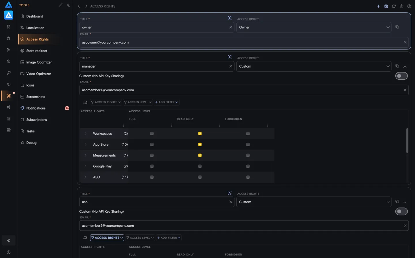 ASO.dev workspace sharing and flexible access rights