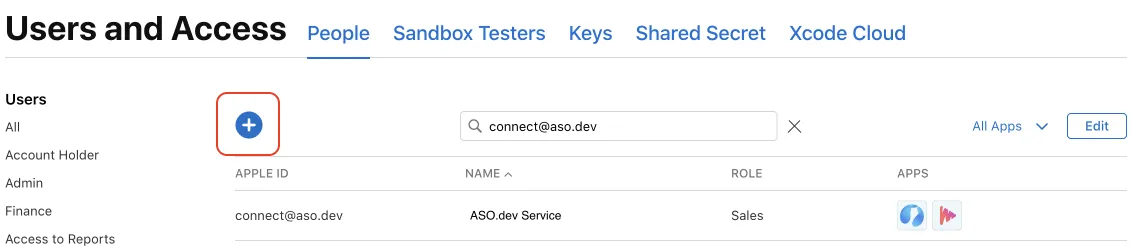 AppStore Connect. Add new user