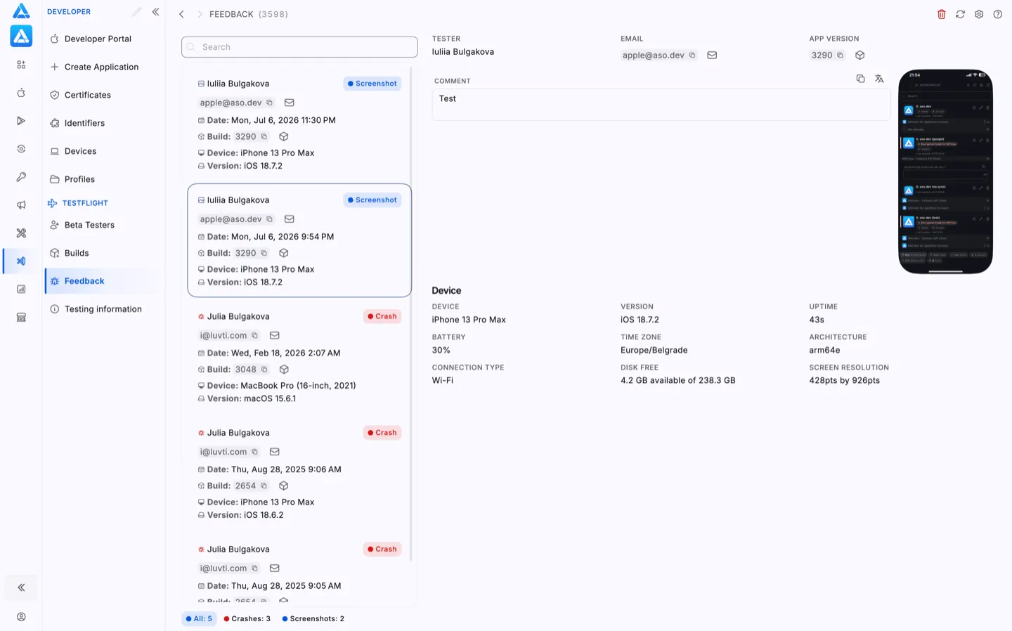 TestFlight feedback and crash reports in ASO.dev