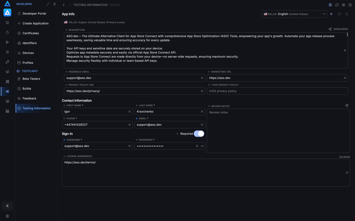 TestFlight testing information in ASO.dev