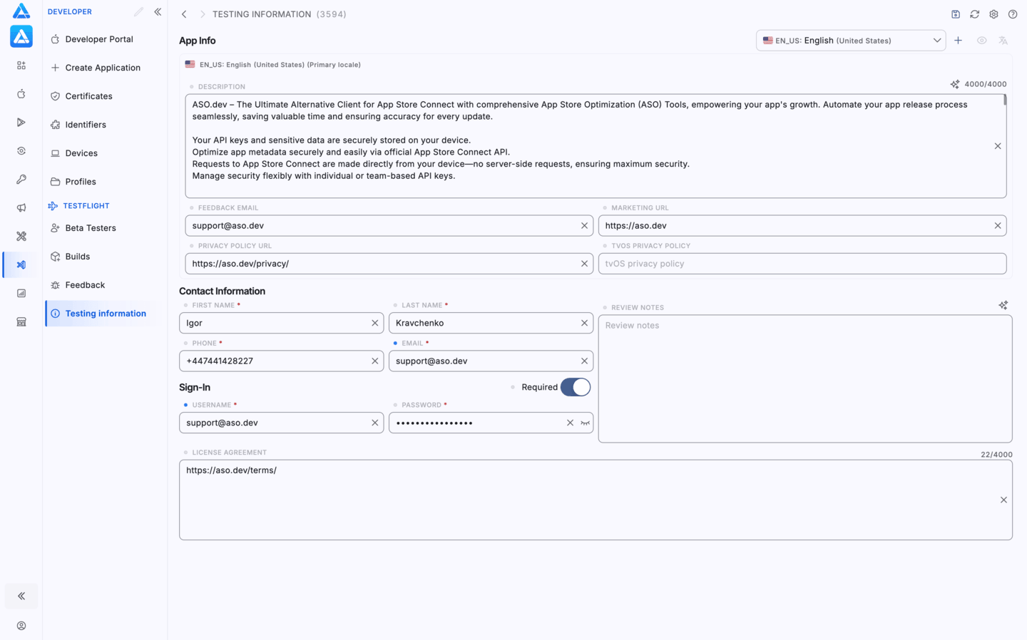 TestFlight testing information in ASO.dev