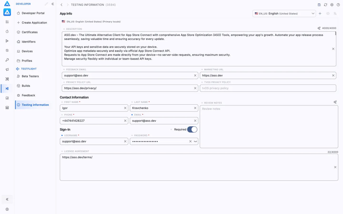 TestFlight testing information in ASO.dev