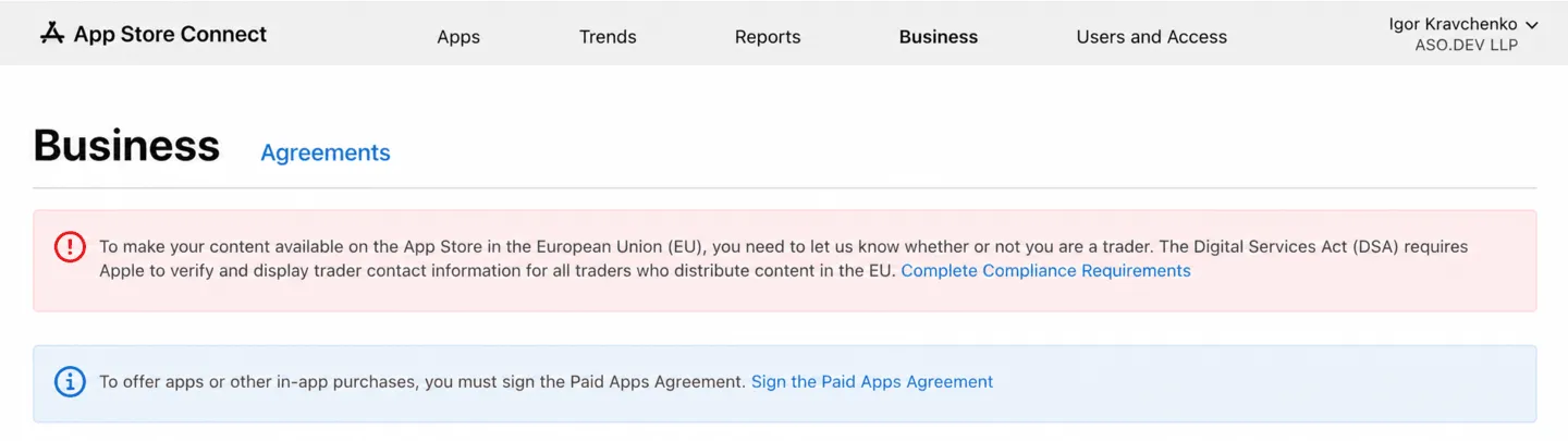 App Store Connect requires trader compliance information and the Paid Apps Agreement