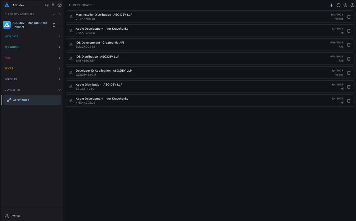 Manage Apple Certificates via ASO.dev