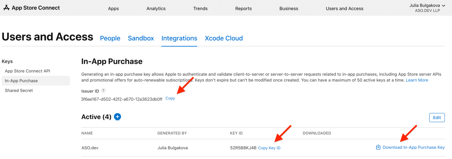 In-app purchase key data