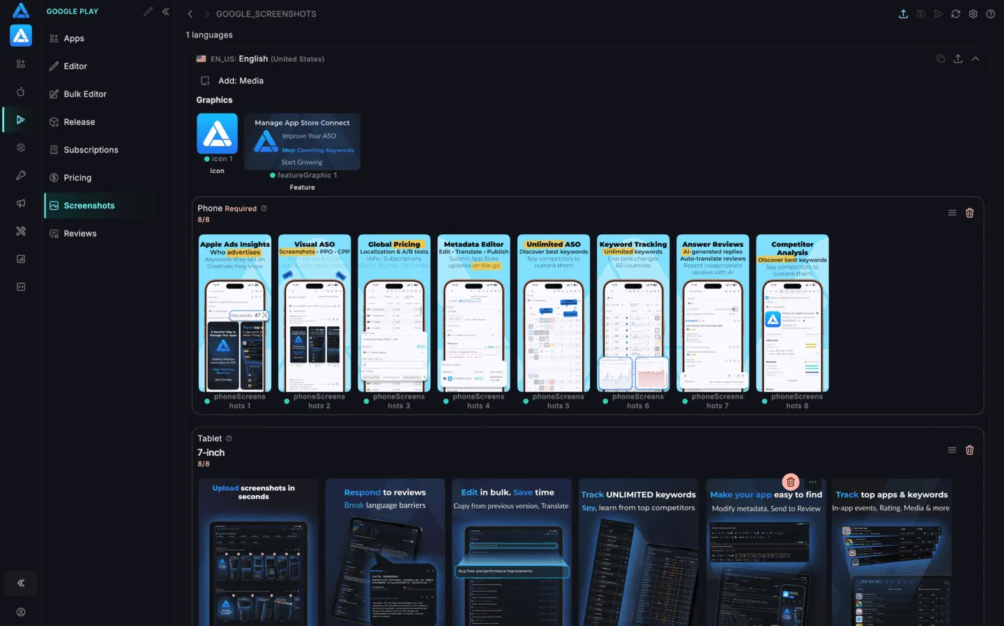 Google Play automation workspace in ASO.dev
