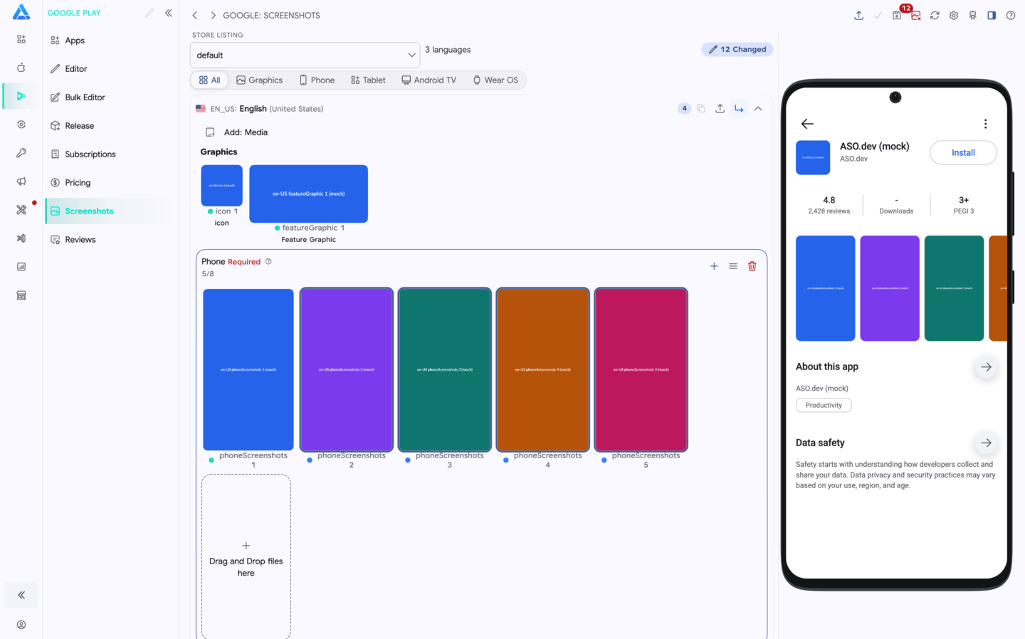 Google Play automation workspace in ASO.dev