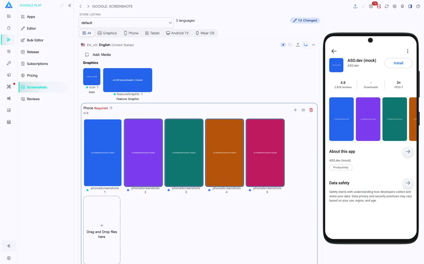 Google Play automation workspace in ASO.dev
