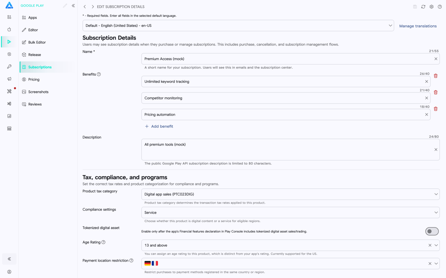 Google Play subscription details