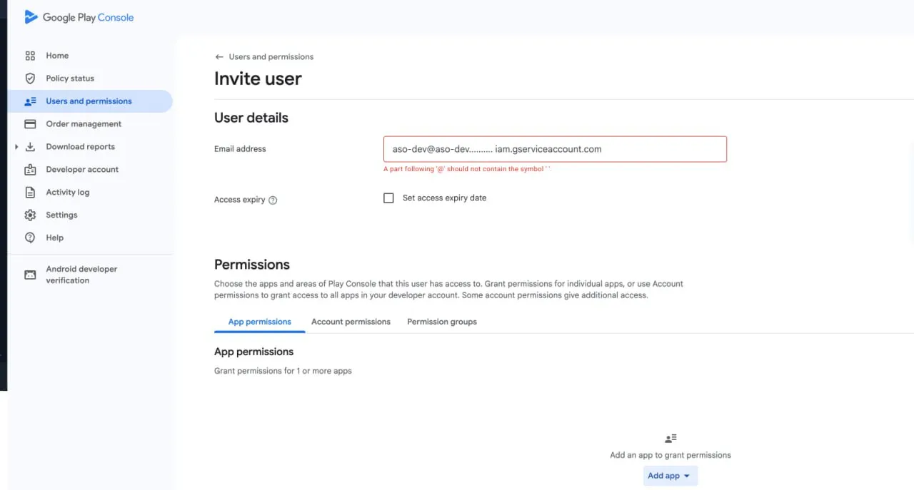 Inviting a user in Google Play Console