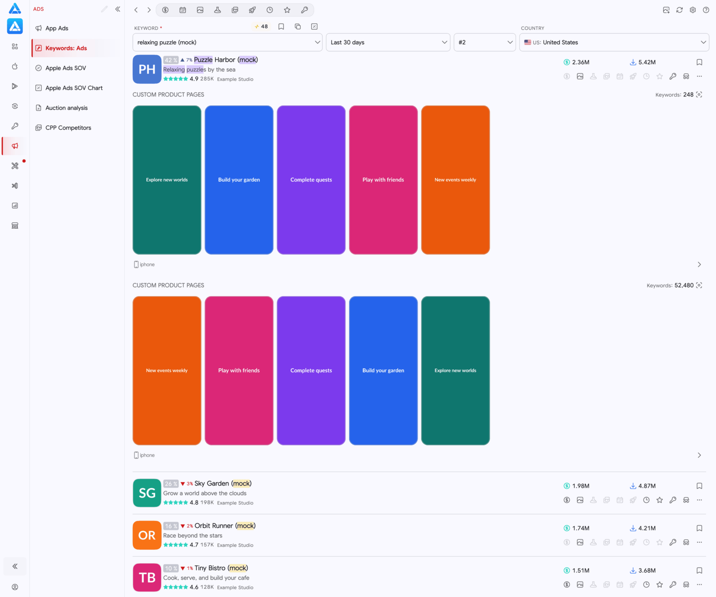 ASO.dev Apple Ads competitor, keyword, and creative research