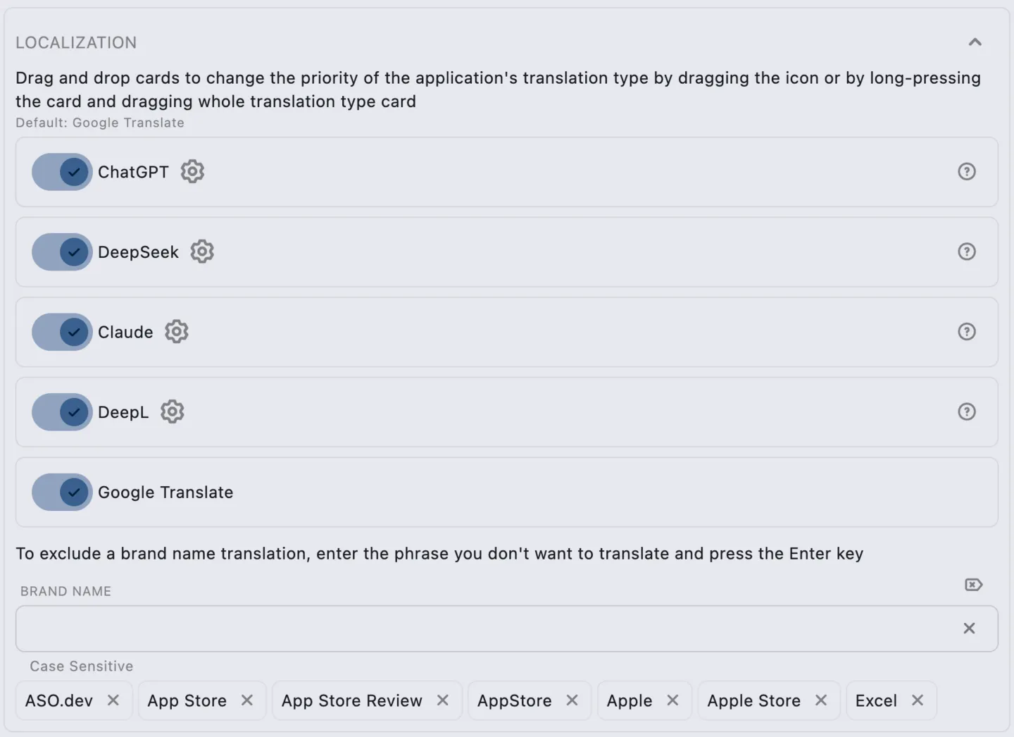Localization Providers Settings