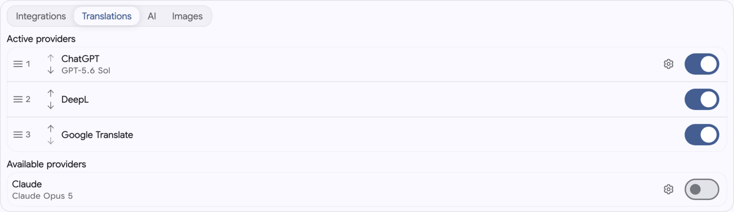 Localization Providers Settings