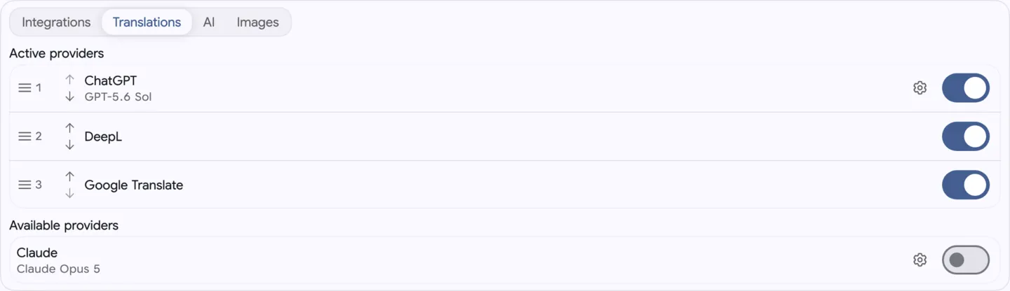 Localization Providers Settings