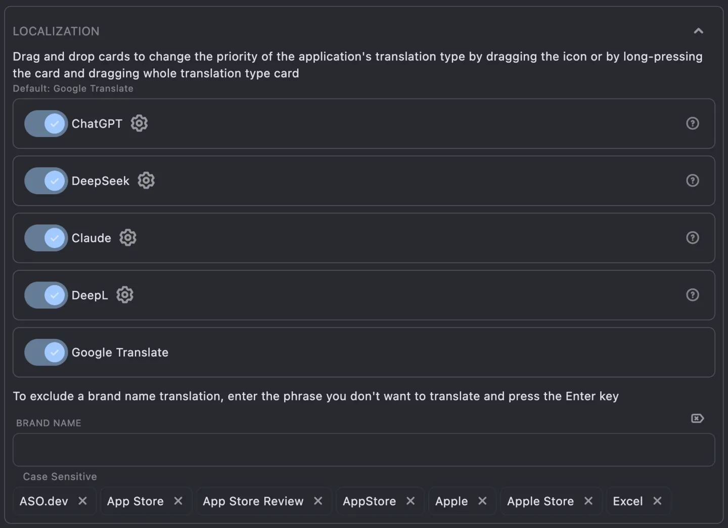 Localization Providers Settings