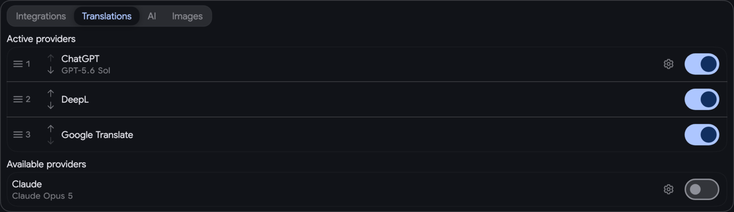Localization Providers Settings
