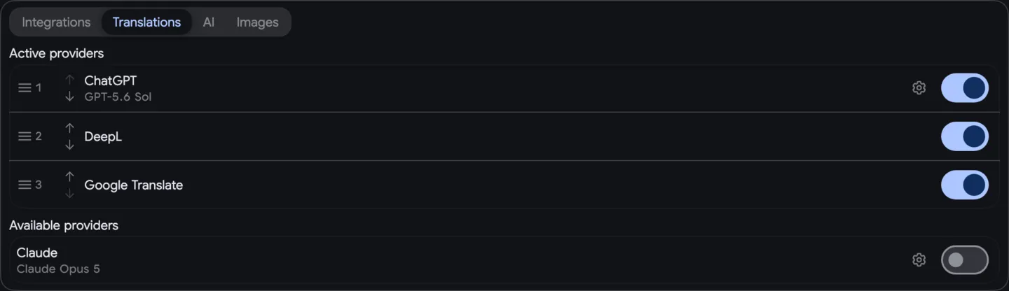 Localization Providers Settings