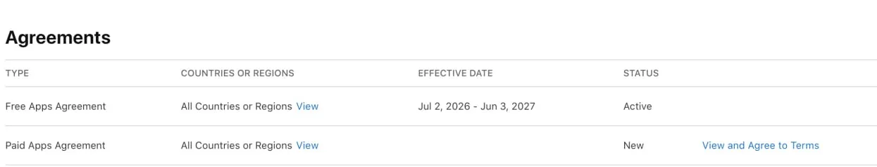 New Paid Apps Agreement in App Store Connect