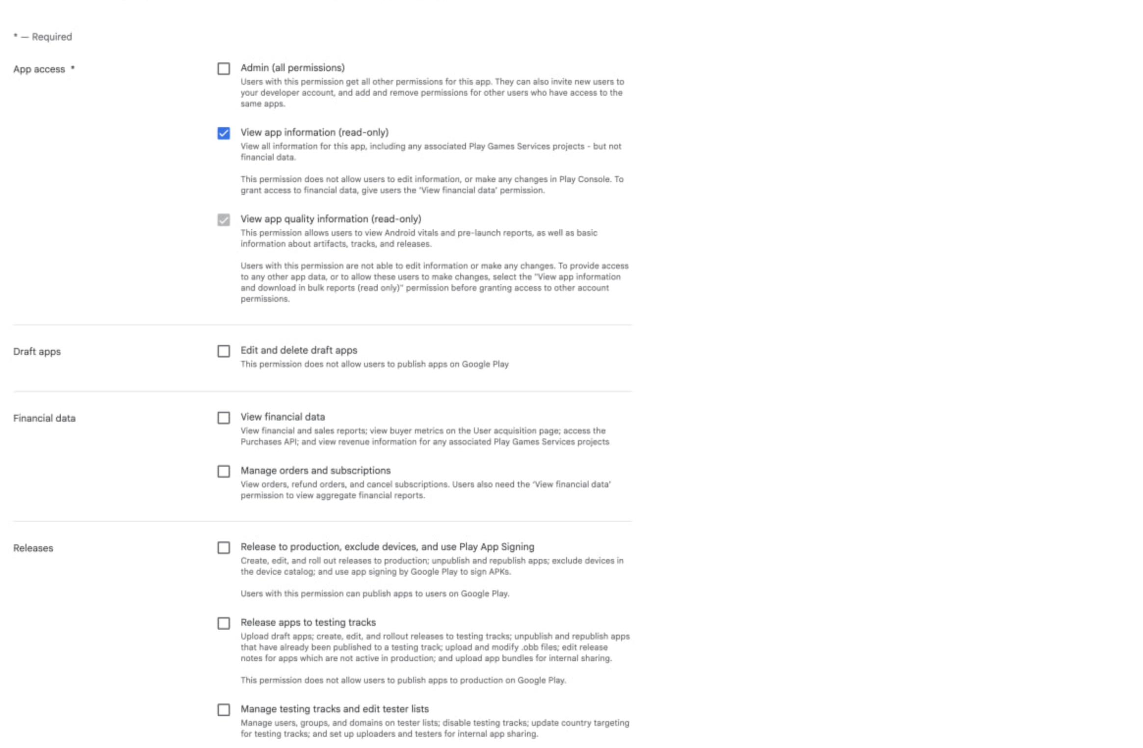 Google Play Console app permissions screen
