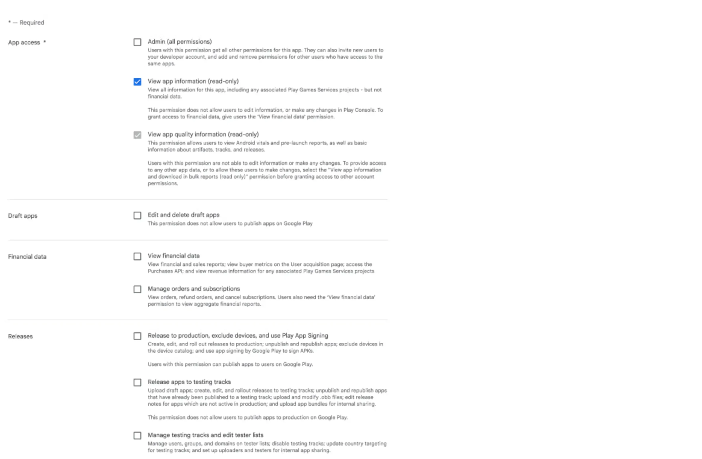 Google Play Console app permissions screen