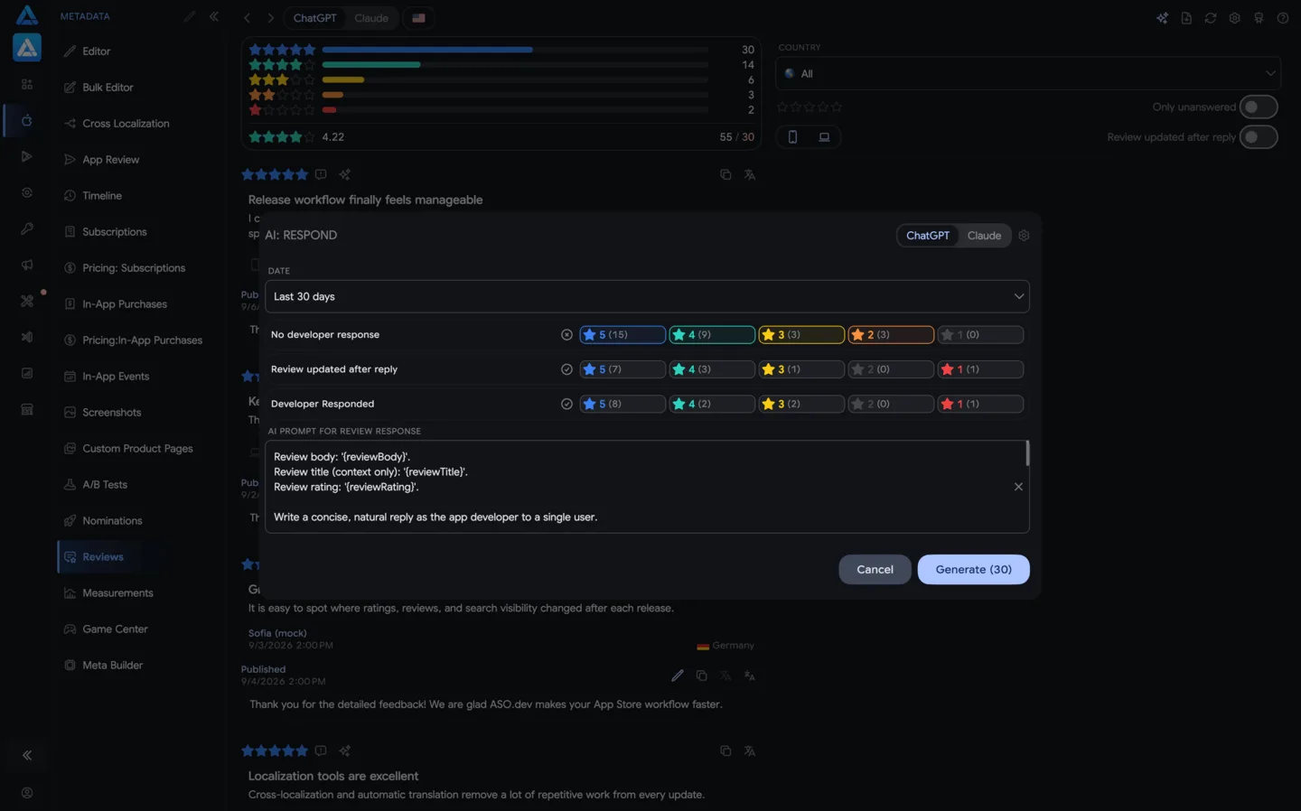 Unlimited AI-powered review replies in ASO.dev