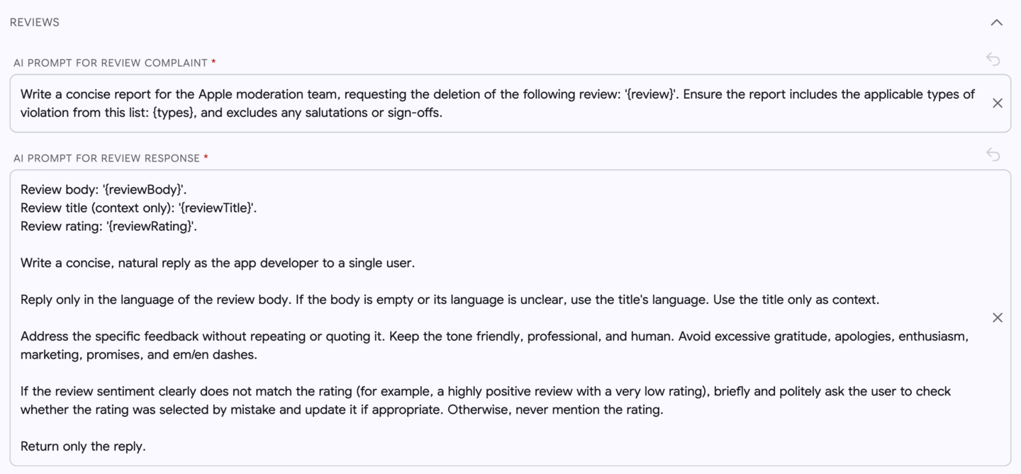 Settings: Reviews