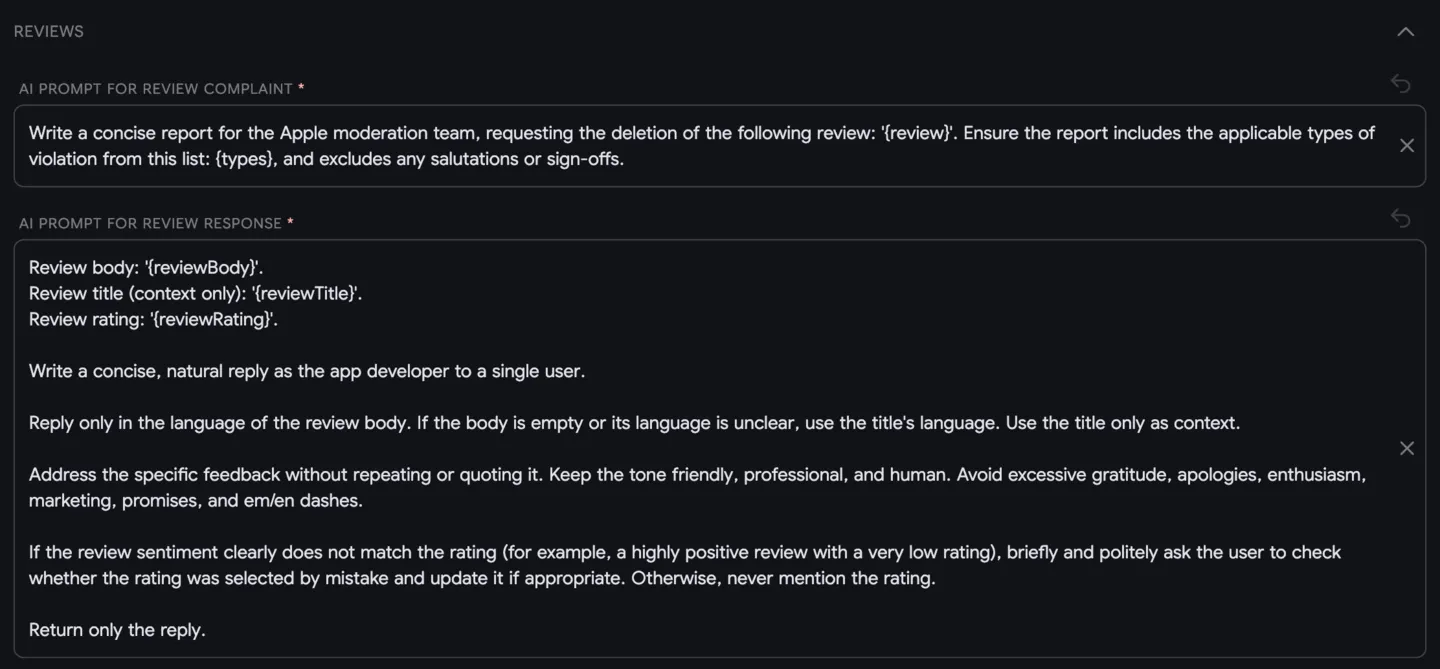 Settings: Reviews