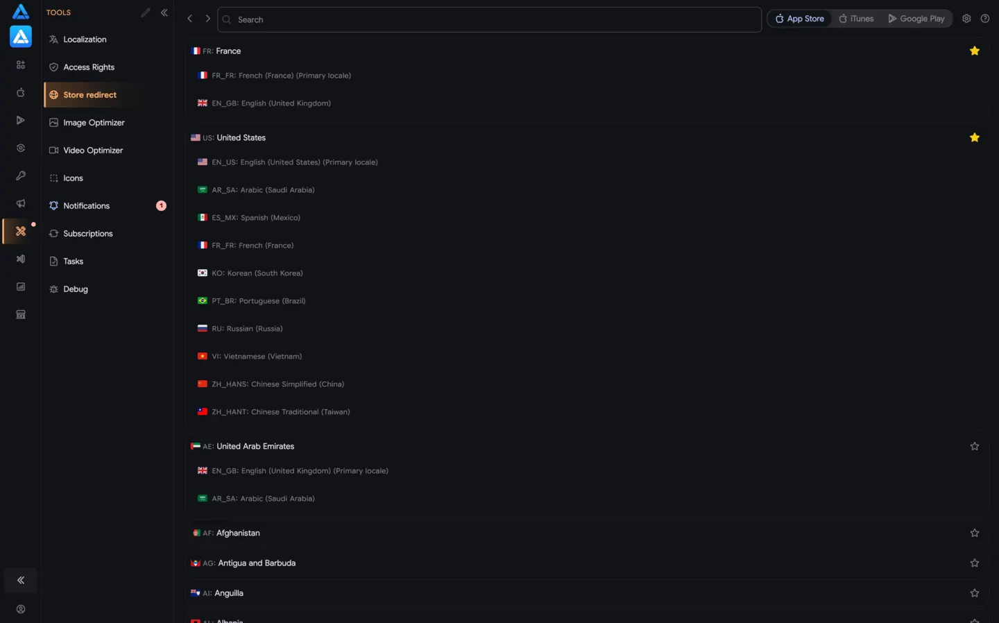 Country Switcher: iTunes, App Store Web, Google Play Web