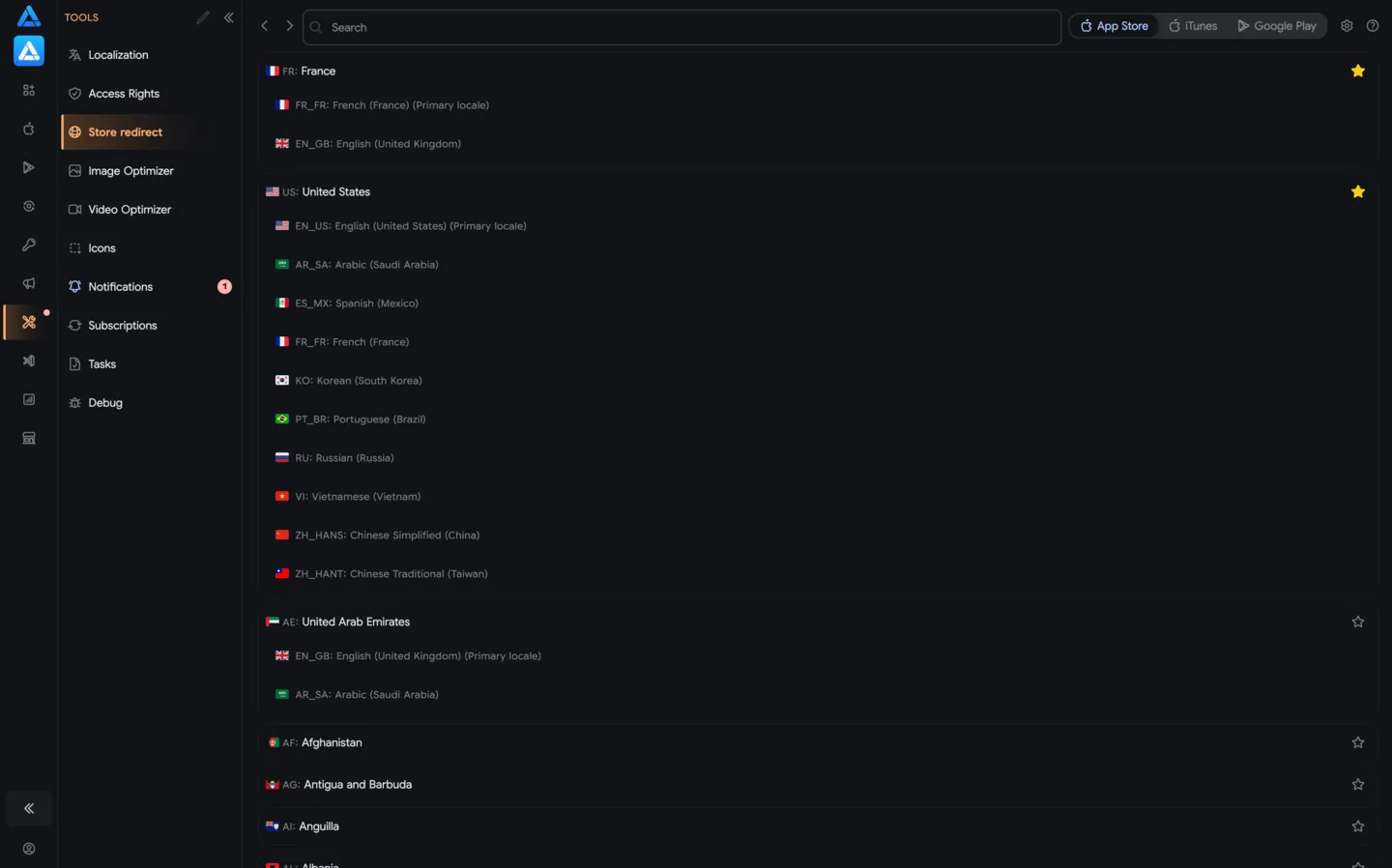 Country Switcher: iTunes, App Store Web, Google Play Web