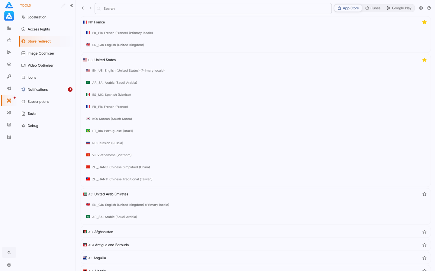 Country Switcher: iTunes, App Store Web, Google Play Web