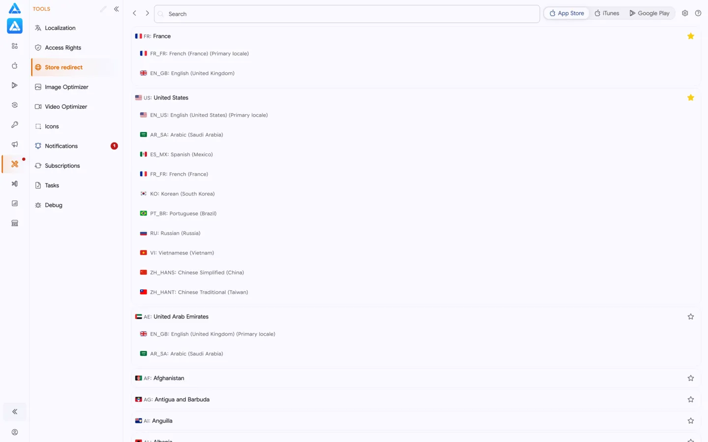 Country Switcher: iTunes, App Store Web, Google Play Web