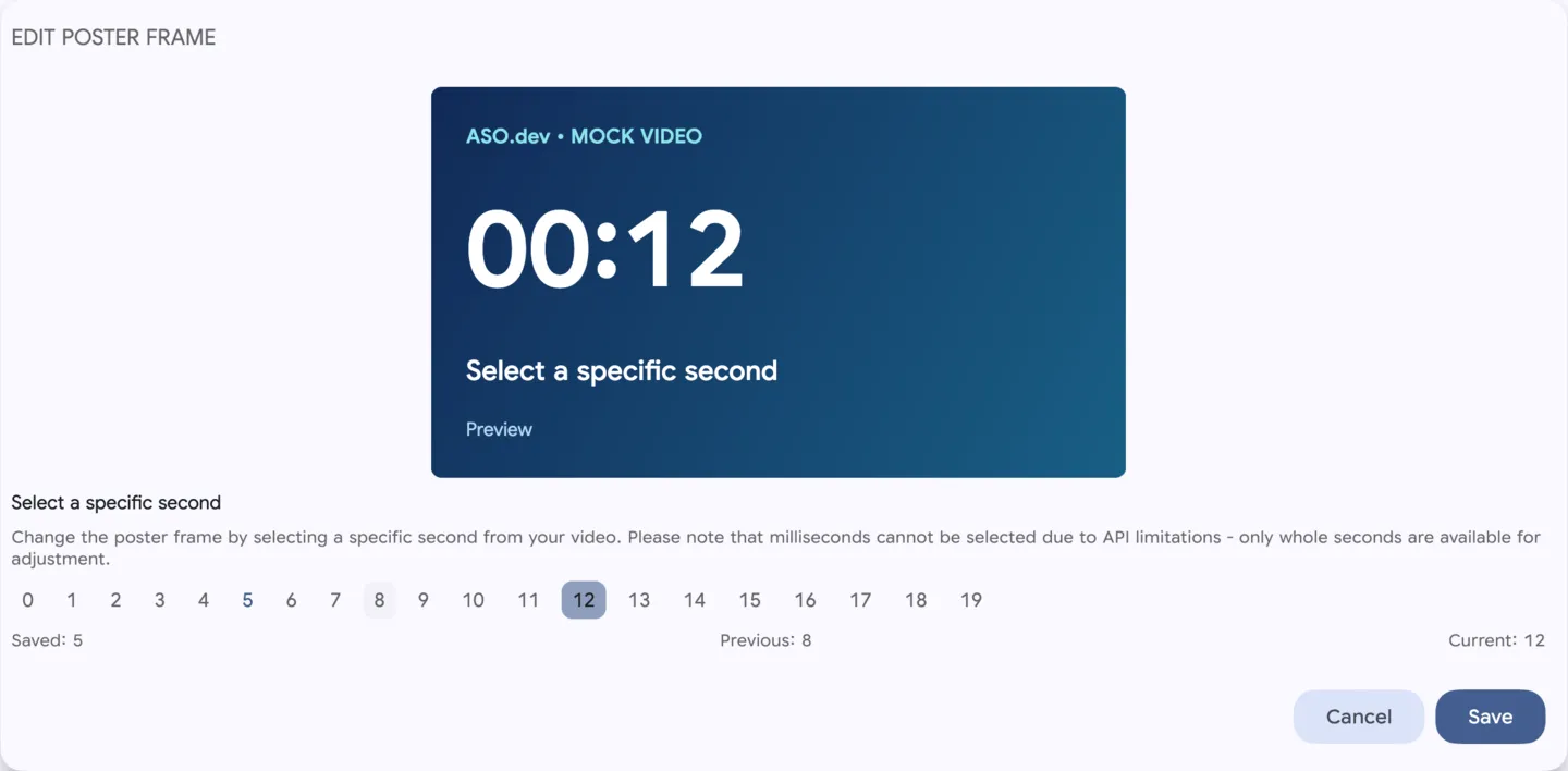 Choosing a poster frame at a specific second — mock video